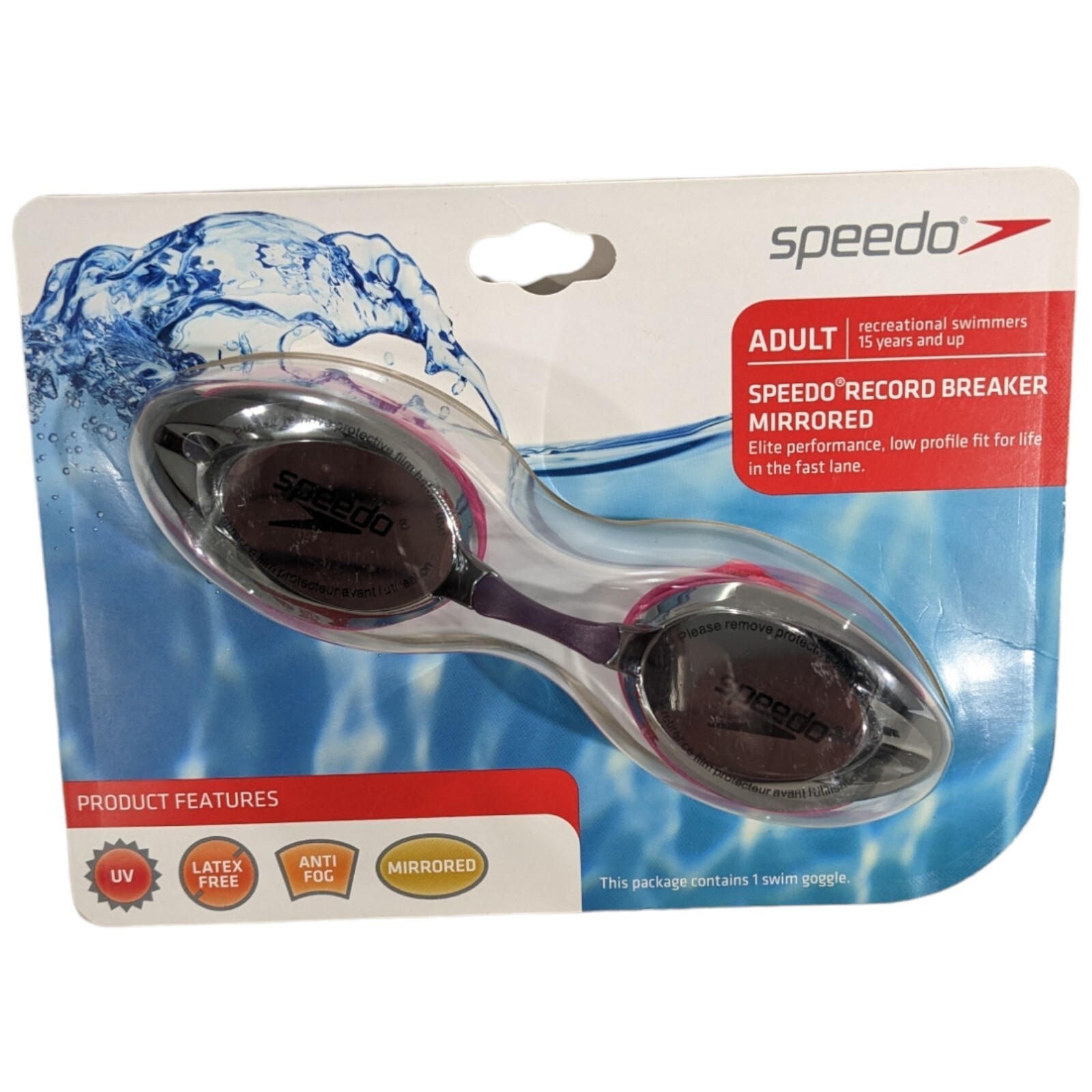 Speedo Pink Goggles Record Breaker Mirrored Adult 15 YRS Up Swimming Mask