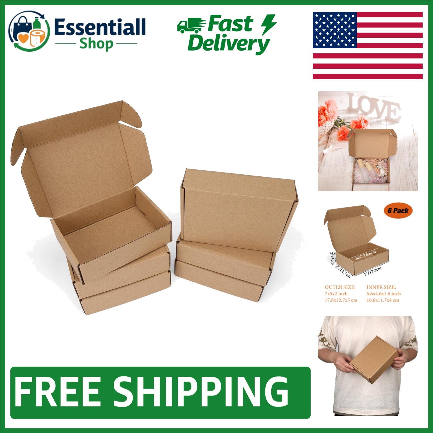 Sturdy 7x5x2 Inch Shipping Boxes, 6-Pack - Perfect for Small Business & Gifts