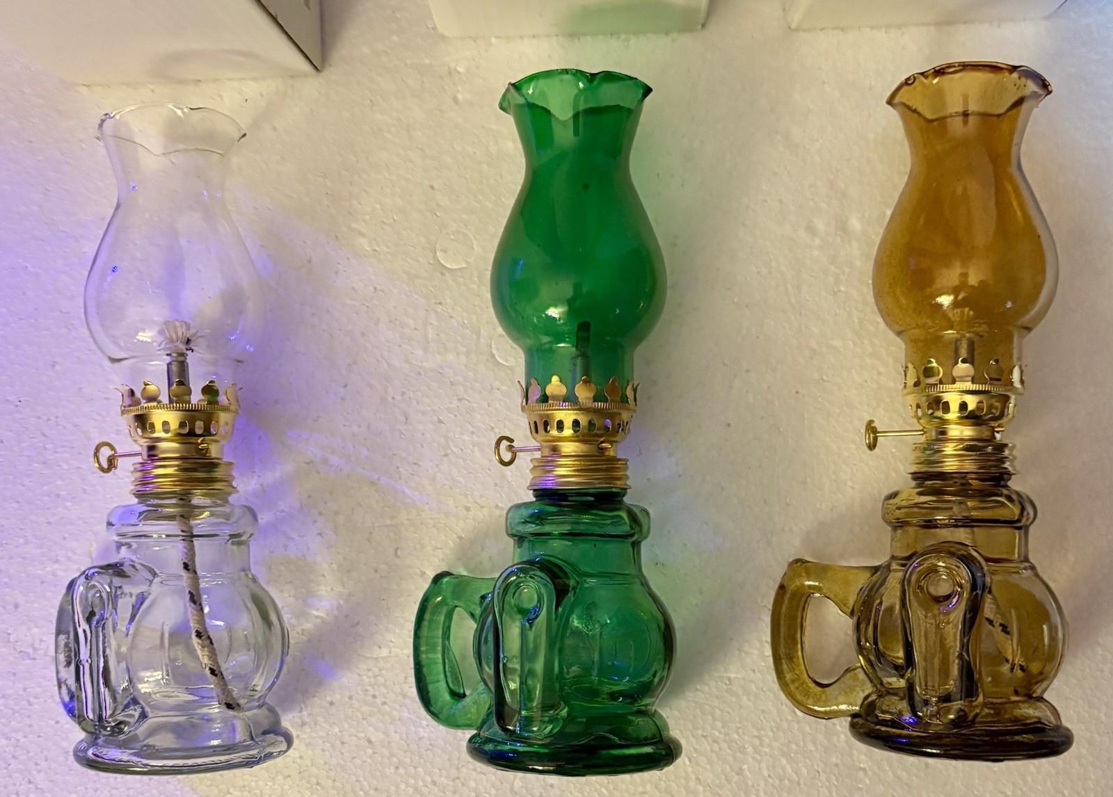 3 Clear Green Gold Glass and Brass Miniature Oil Kerosene Hurricane Lamp Lantern