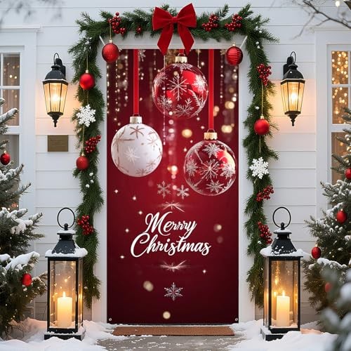 Christmas Door Cover Xmas Banner, 70.8 x 35.4 inch Hanging Front Door Baubles