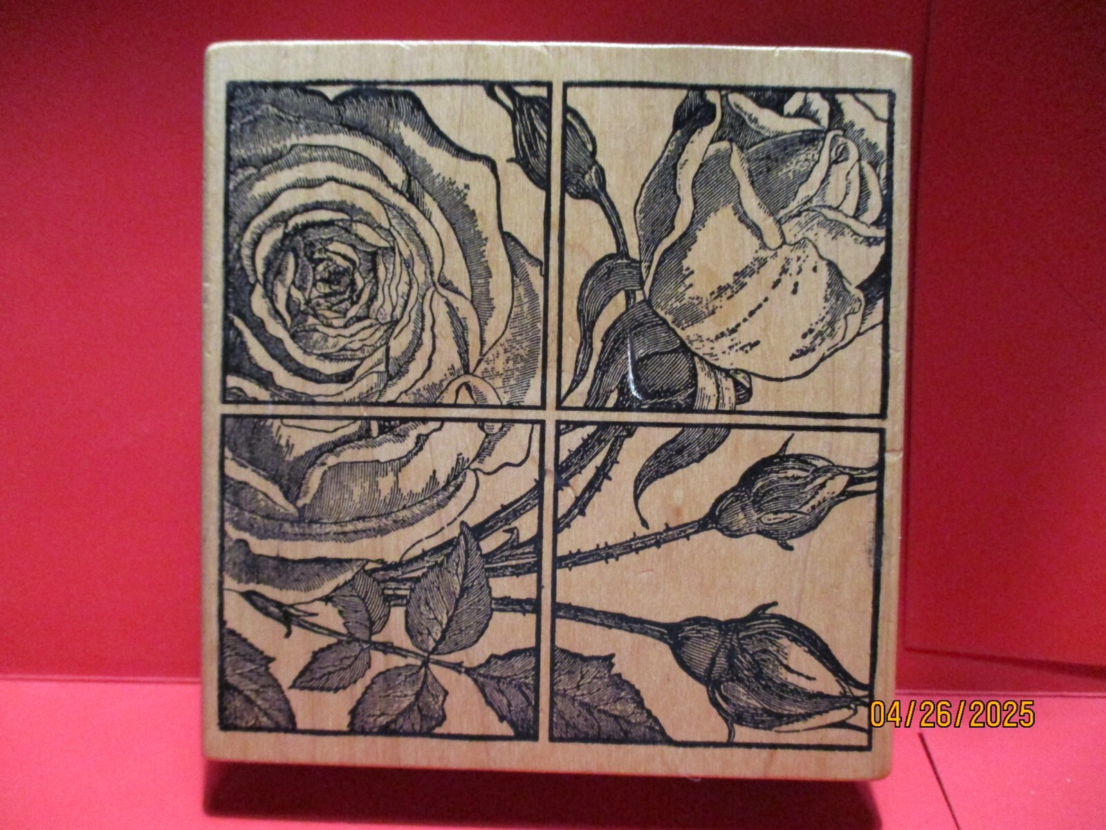 MAGENTA FLORAL ROSES GRID BACKGROUND RUBBER STAMP WOOD MTD XL