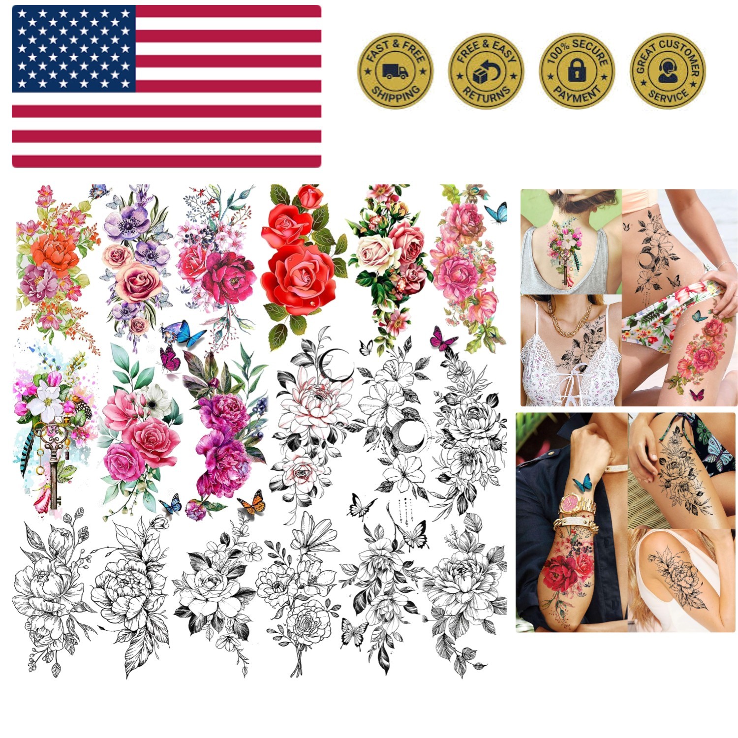 18 Sheets Sexy Flower Rose Temporary Tattoos For Women Girls Adults, Women Bo...