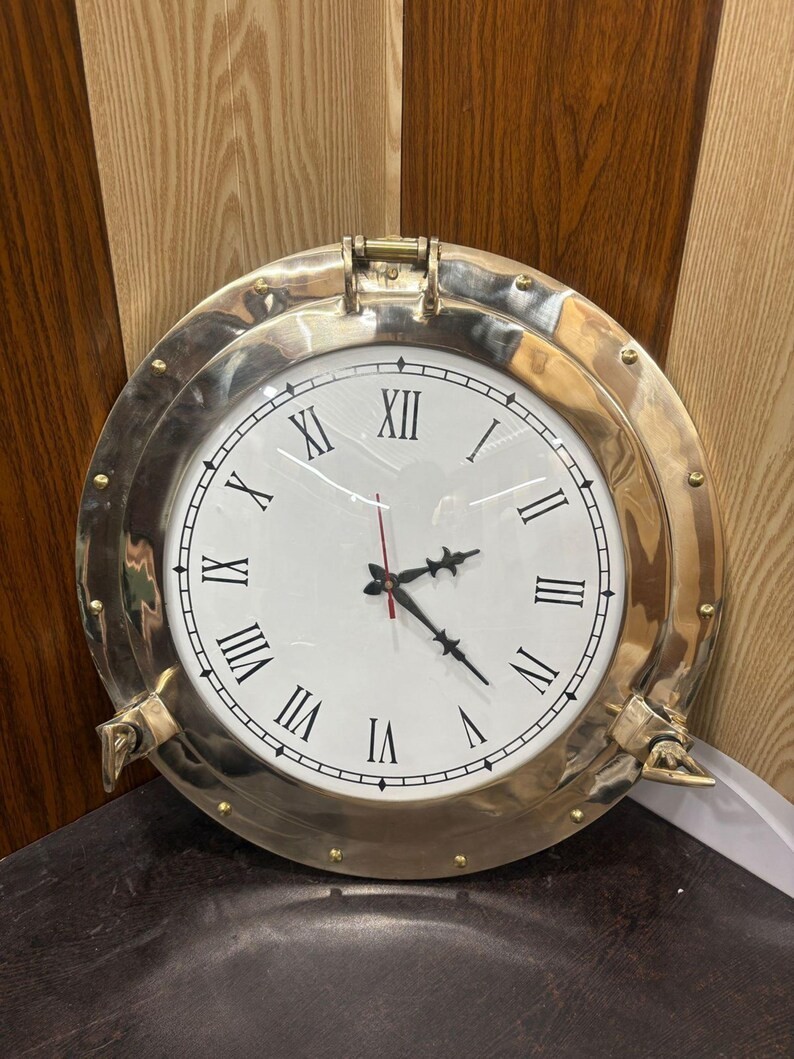 12 Inch Handmade Brass Finish Porthole With Clock: Nautical Wall Hanging Décor