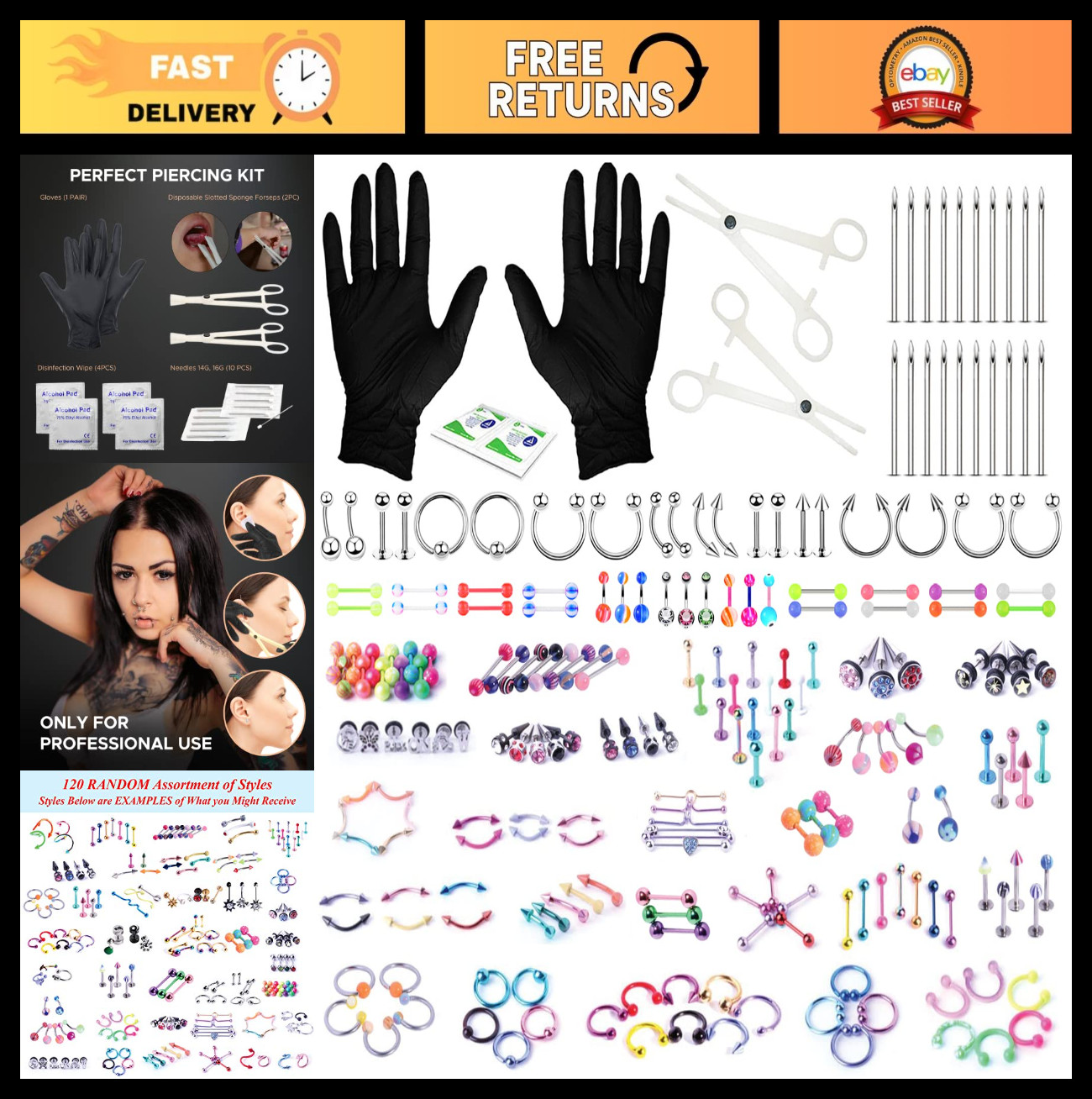 156PC Body Piercing Kit - 14G 16G 18G 20G - Belly Ring, Nose, Septum, Tragus, Ea