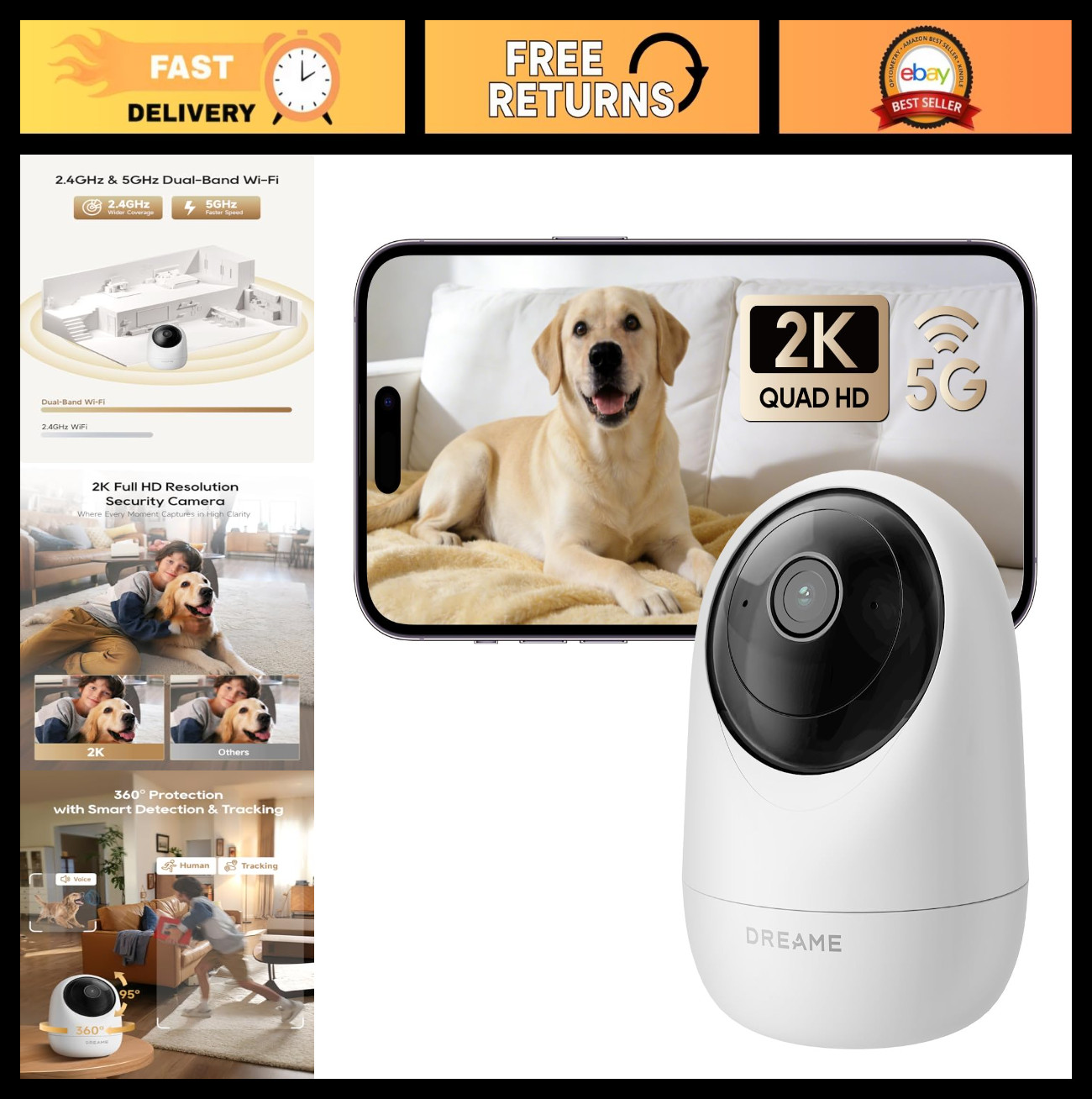 2K Indoor Pet Dog Camera, Motion Detection, Night Vision, 2-Way Audio, Dual-Band