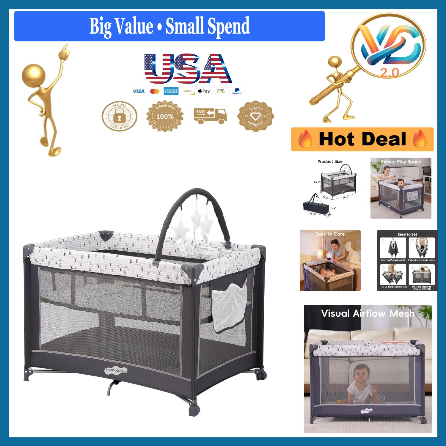 Grey Portable Pack and Play with Bassinet for Baby Up to 33 Lbs