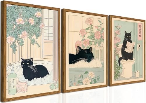 Framed Japanese Bathroom Wall Art Set of 3, 16L" x 12W" Japanese Black Cat