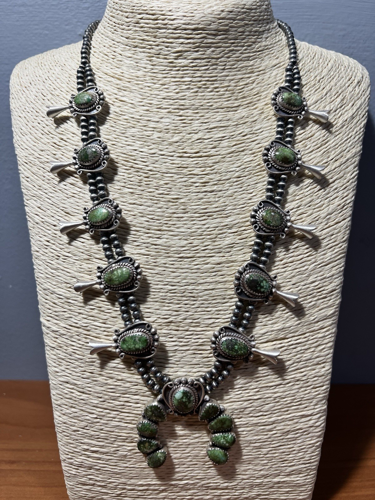 Sterling Silver Sonoran Gold Turquoise Squash Blossom Necklace 68g