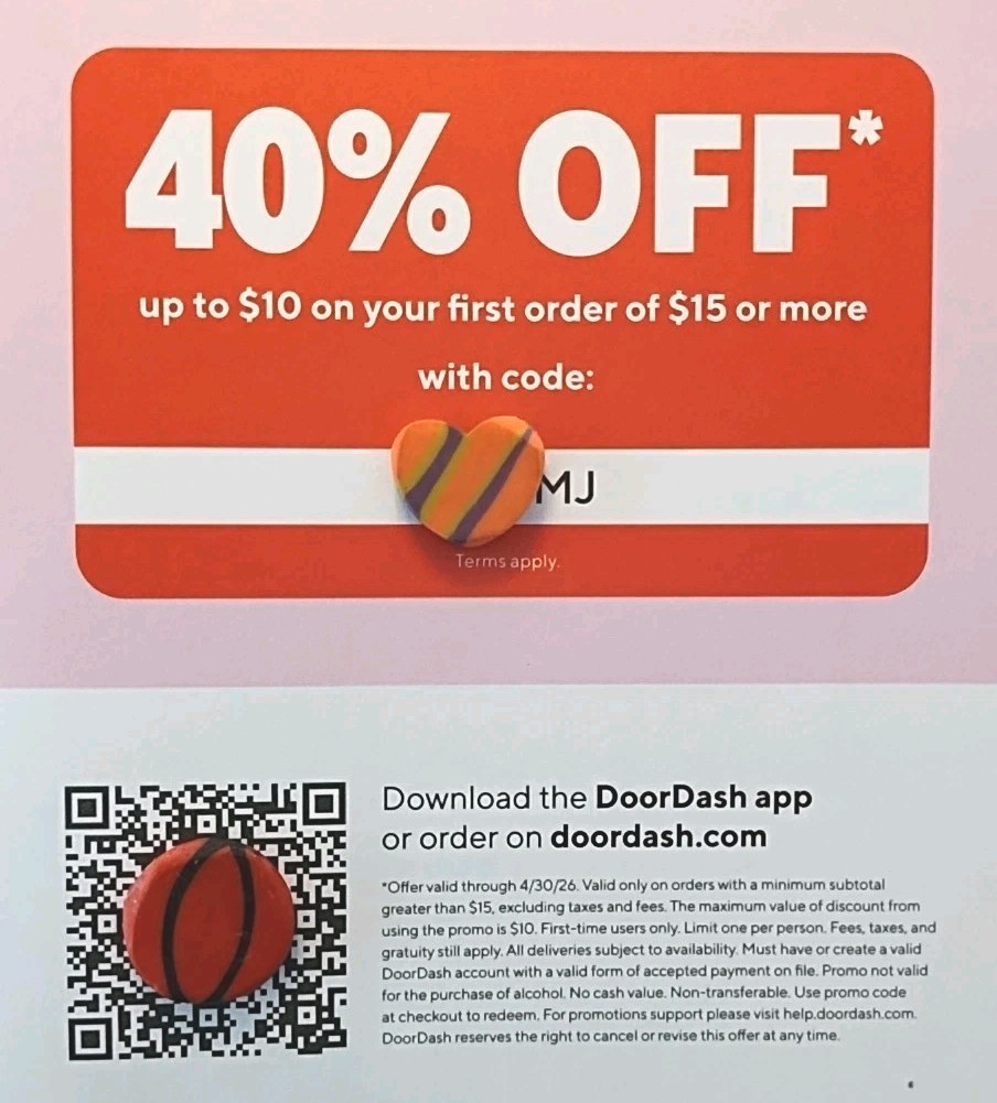 DoorDash 40% Off up to $10 Your First Order $15 or More w/Code.Expires 4/30/2026