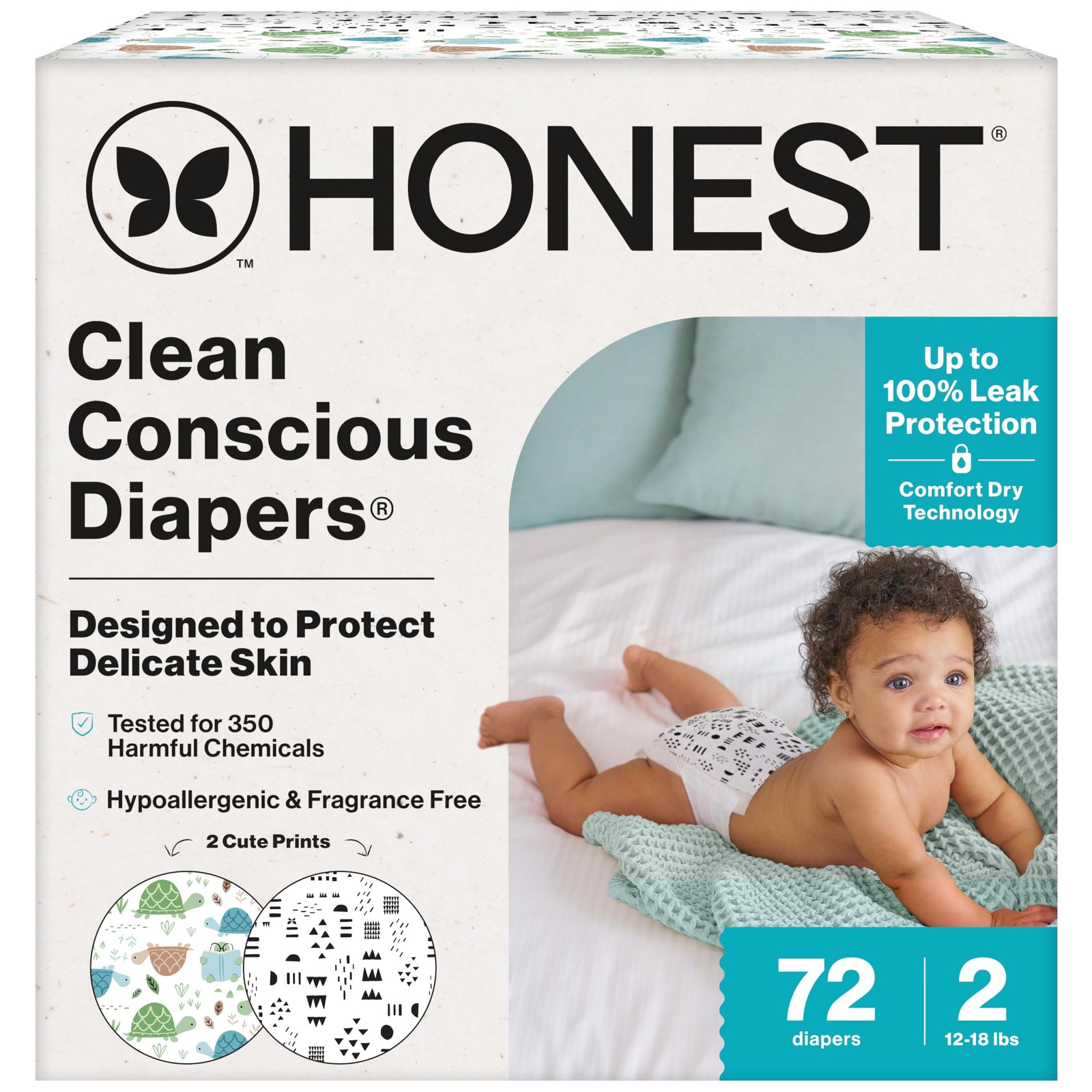 The Honest Company Comfort Dry Size 2 (72 Count), Turtle Time + Pattern Play 