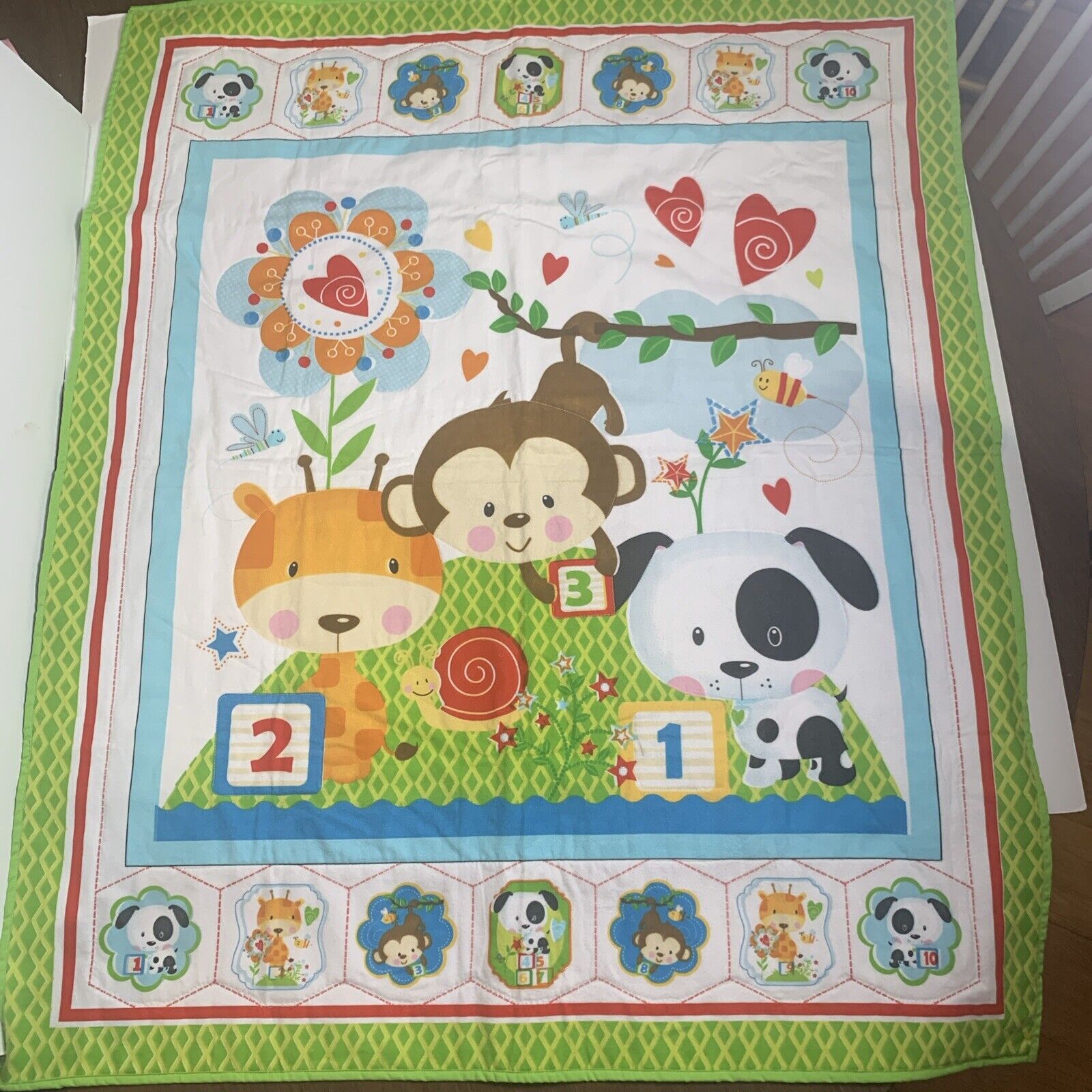 Vintage Handmade Baby Quilt Wall Hanging 36"x36" Monkey Giraffe Puppy Nursery