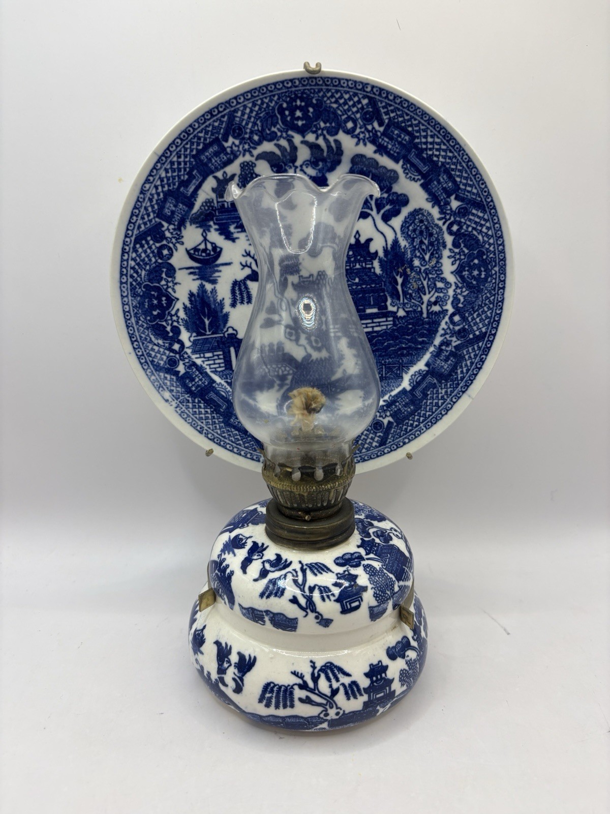 Vintage Blue Willow Oil Lamp With Reflector Plate Made In Japan