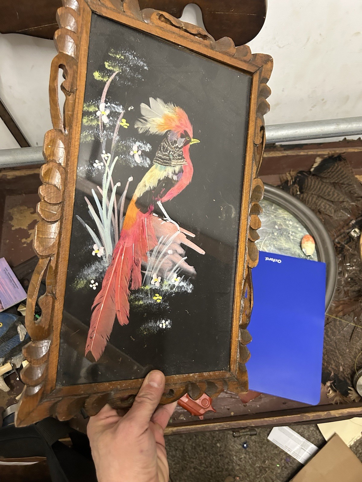 Framed Feather Bird Folk Art Mixed Media Handmade Wall Art, Wood & Glass