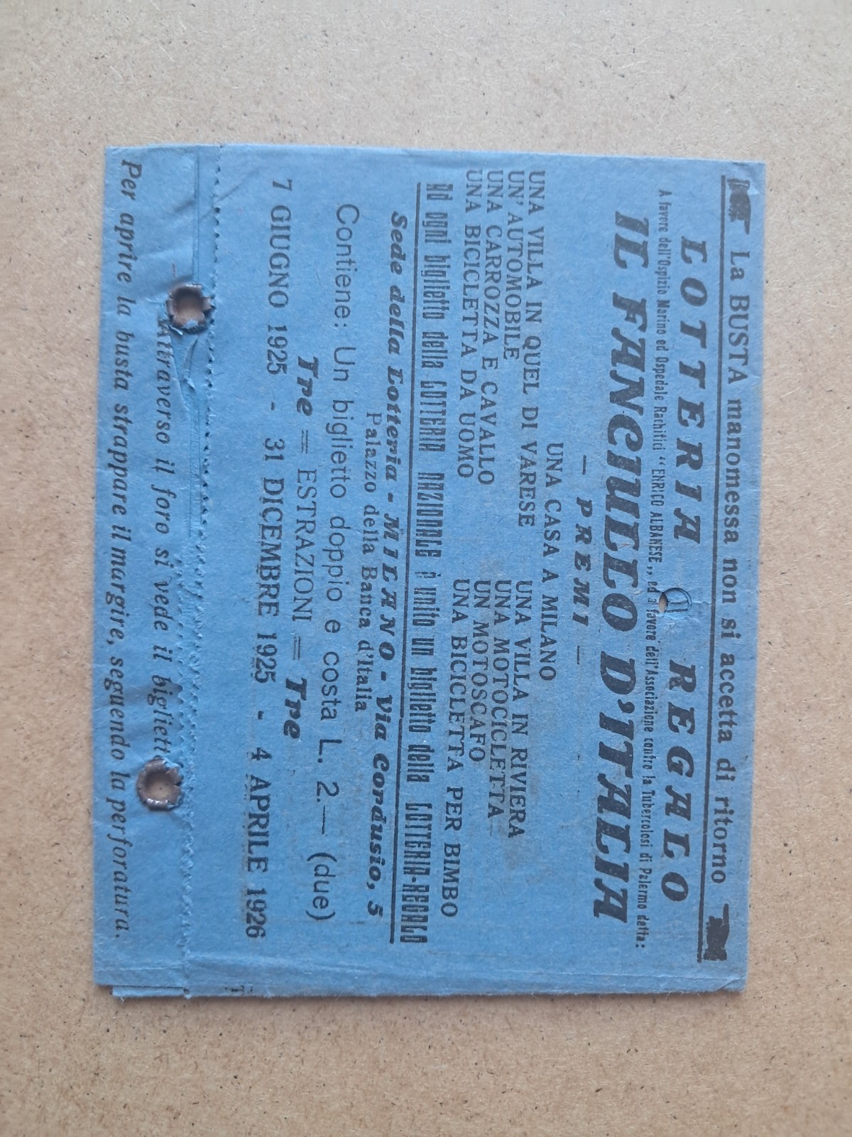 (only) Blue Envelope Lottery Gift - Il Fanciullo d'Italia - 1925