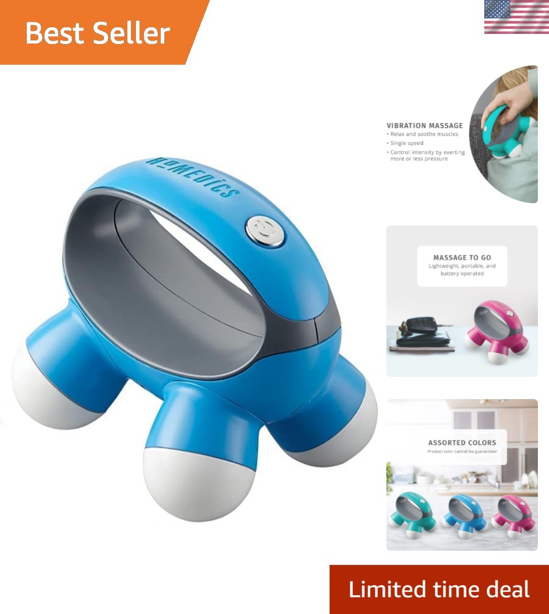 Quatro Mini Hand-Held Massager with Hand Grip, Battery Operated Vibration Mas...