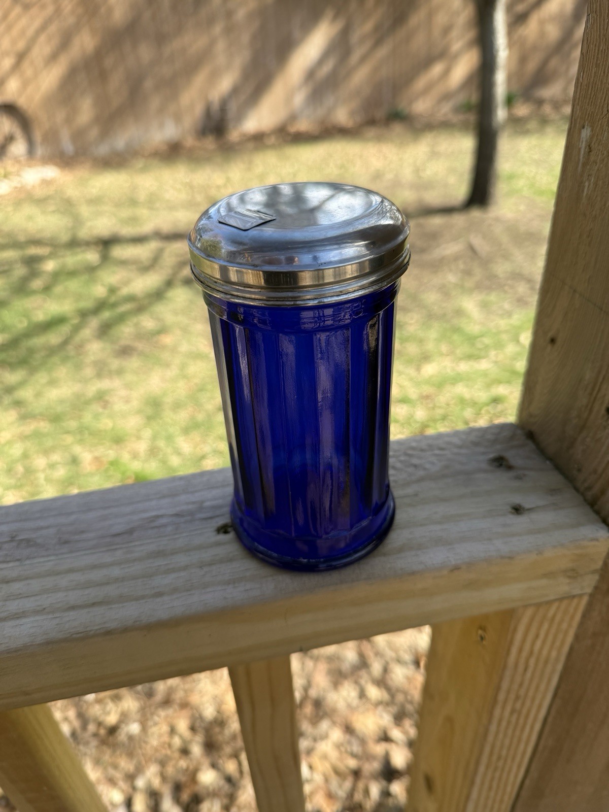 Vintage Cobalt Blue Glass Restaurant Style Sugar Shaker Silver Top Ribbed