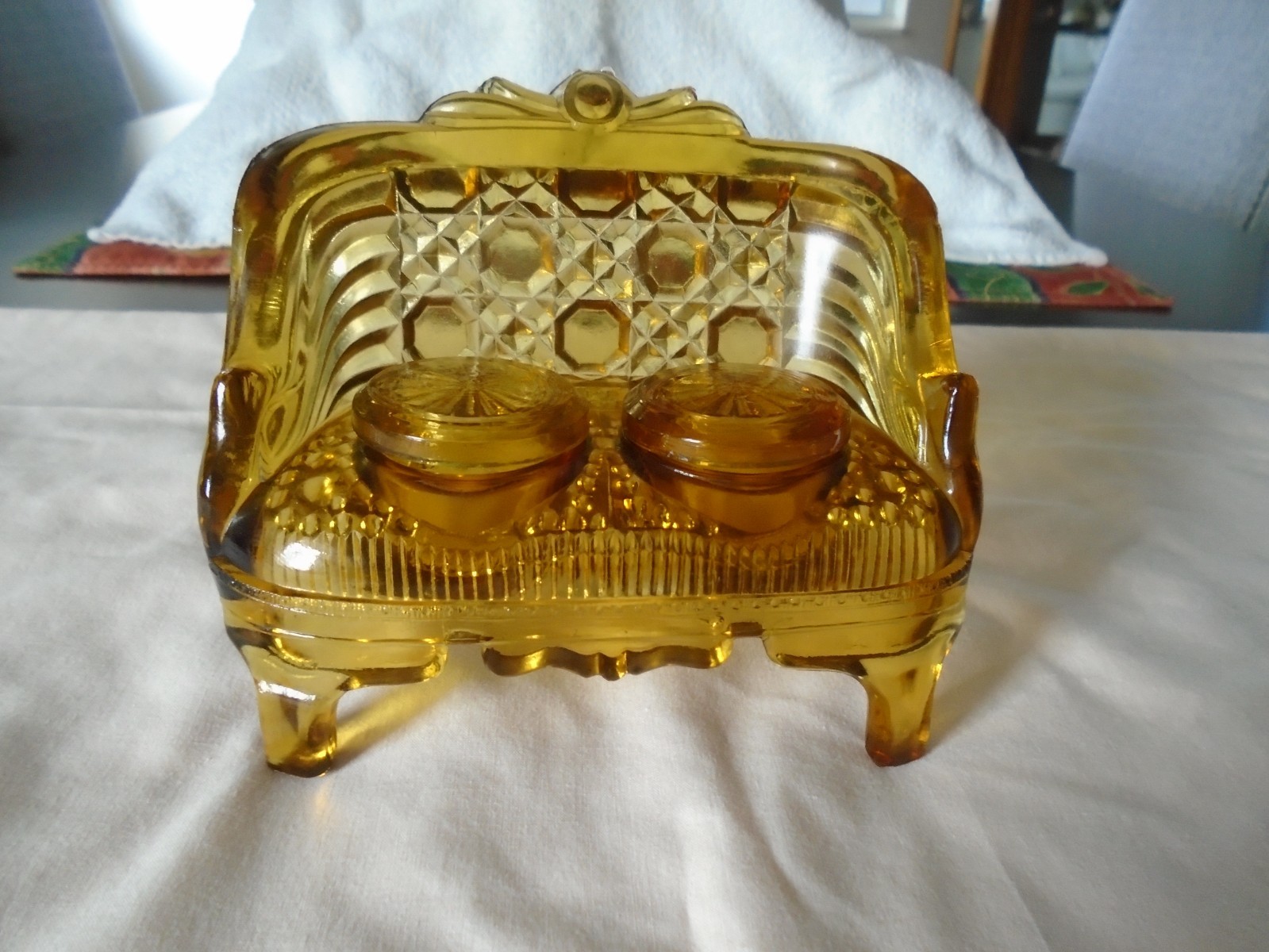 Rare American Amber Pattern Glass Inkwell double wells w/set on covers. c1890