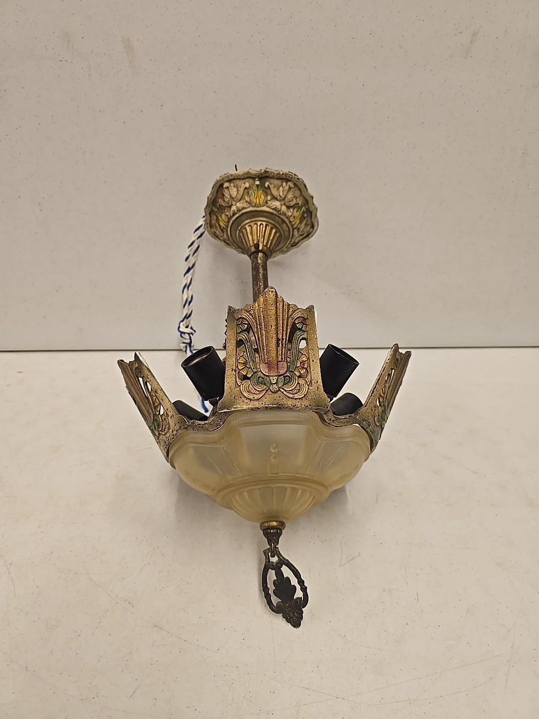 Antique Art Deco Slip Shade 5 Light Chandelier Ceiling Fixture Markel For Parts