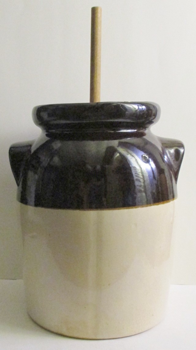 Stoneware Butter Churn 7½” Crock w/Handles, Lid, 10½” Dasher