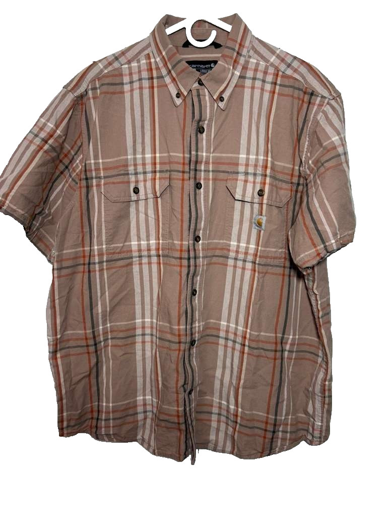 Carhartt Button Down Shirt Men's XL Brown Plaid Loose Fit Short Sleeve