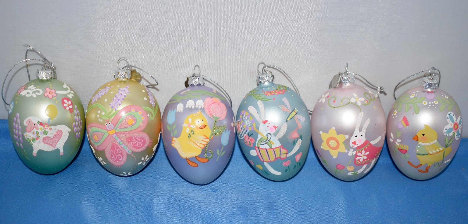 Set Of 6 Dept 56 Hand Painted Glass Easter Egg Shaped Ornaments Bunny Chick ~E2B
