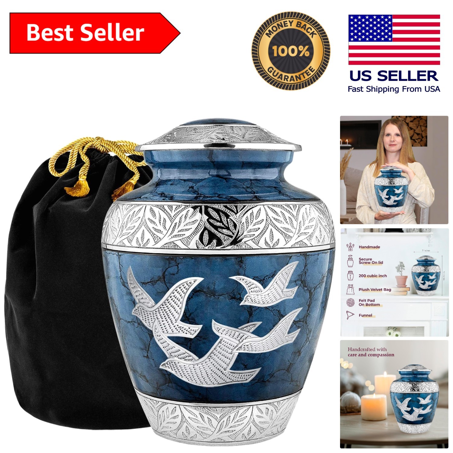 Elegant Handcrafted Blue Dove Cremation Urn for Adult Ashes - Large 200lbs