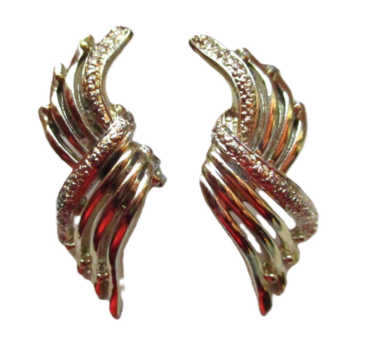 Coro Textured Filigree Crisscross Plume Earrings Clip on Silver Tone Vintage