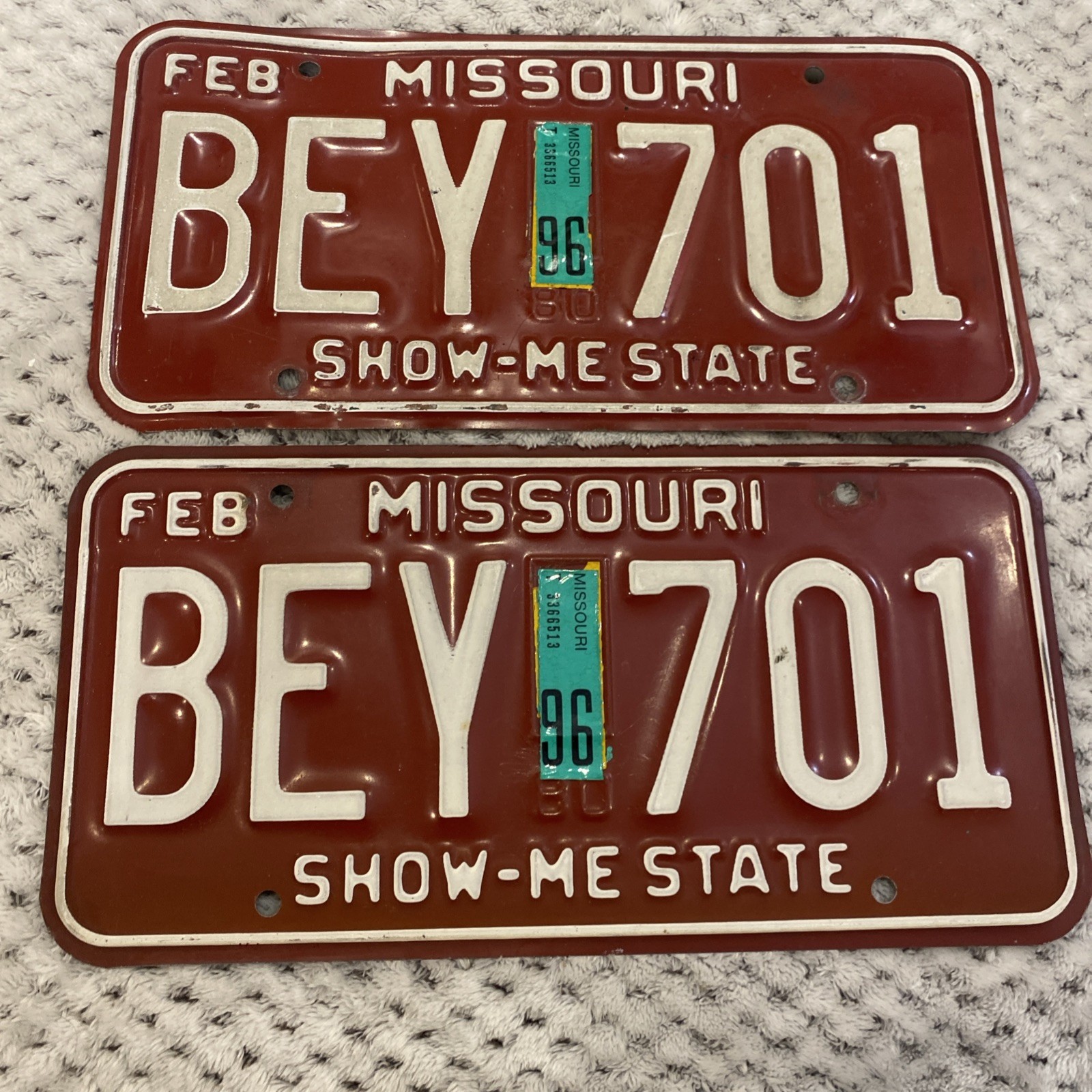 1980 Missouri  License Plate Pair Show Me State Feb 1996 Tags