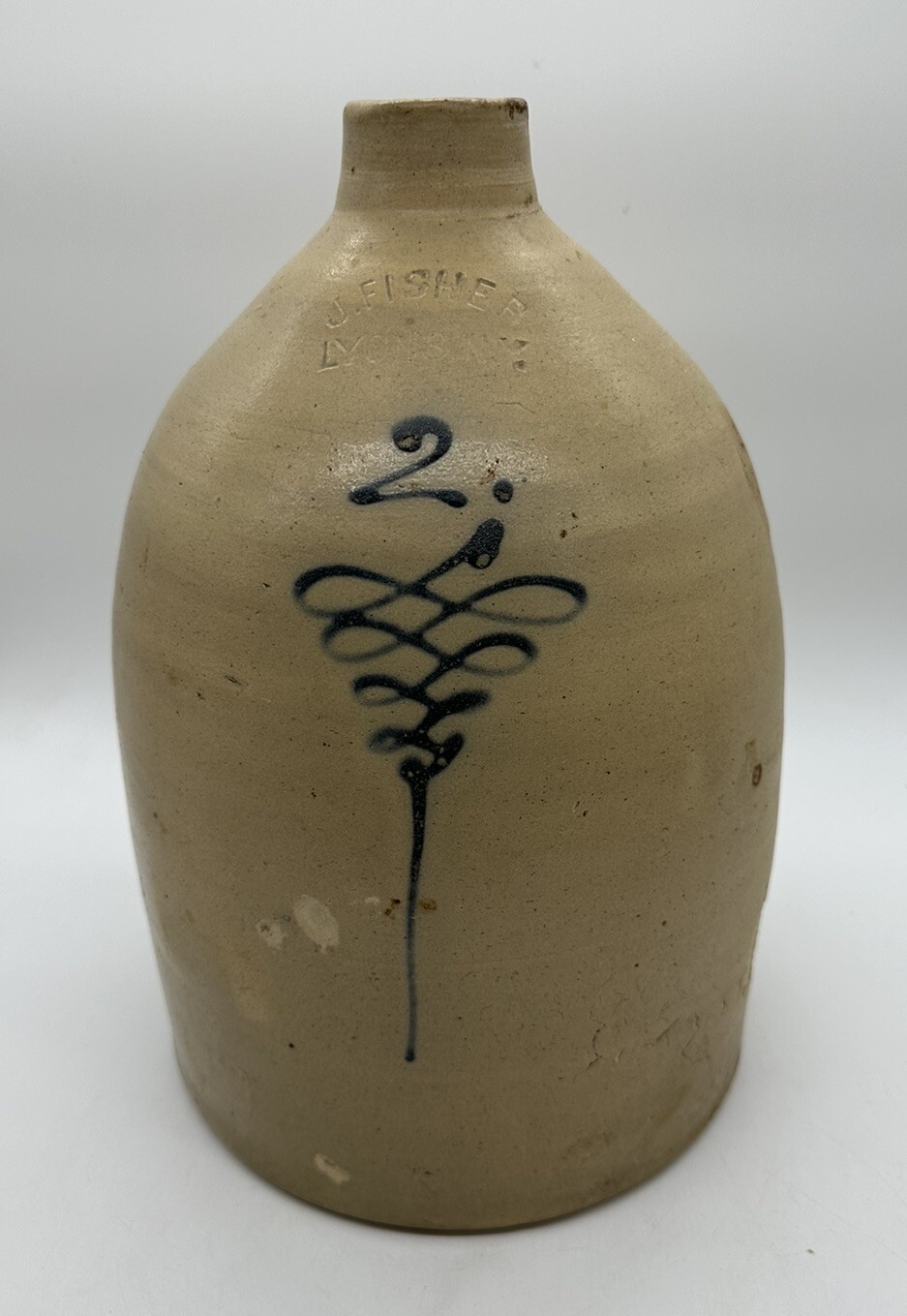 Antique Salt Glazed Stoneware J Fisher Lyons NY Beehive Whiskey Crock Jug