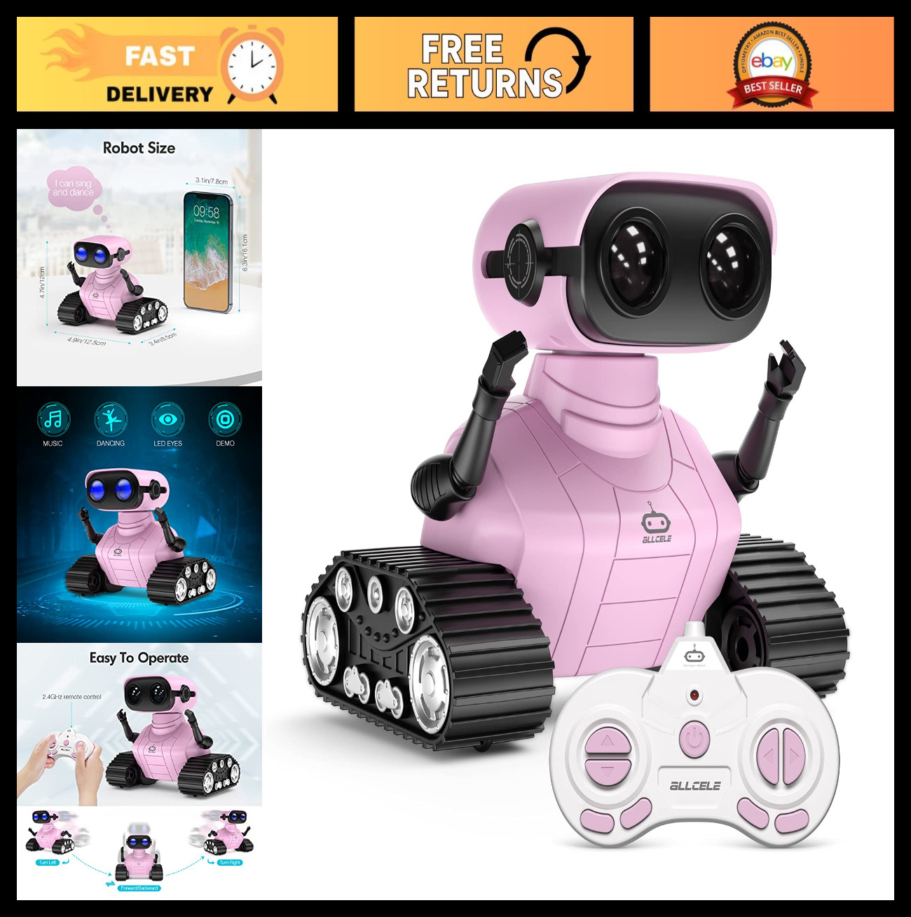 Rechargeable RC Robot Toy for Kids, Remote Control with Music & LED Eyes - Pink