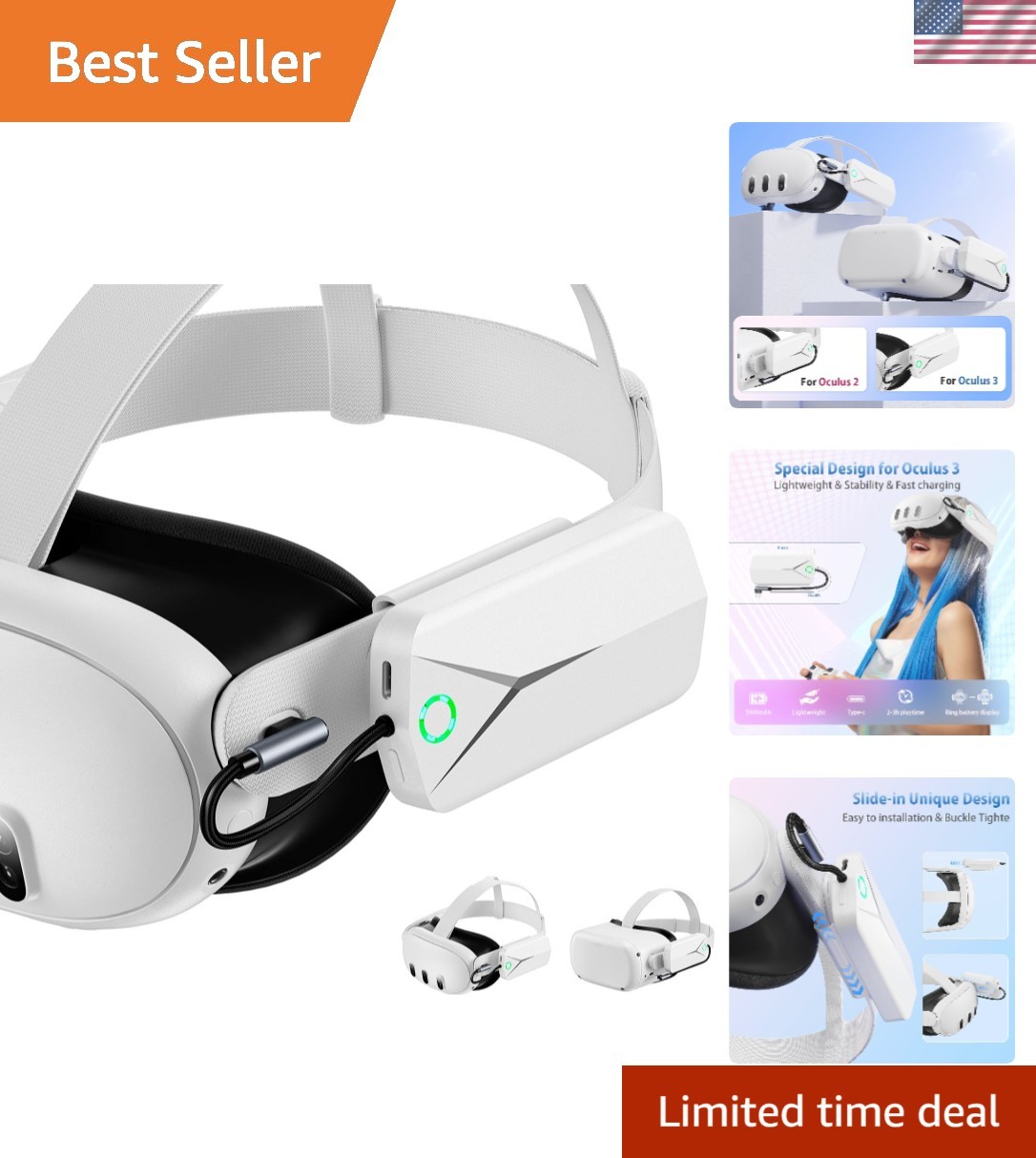 Ergonomic 5000mAh Battery Pack Compatible with Oculus Quest 2/3 - Quick Charge
