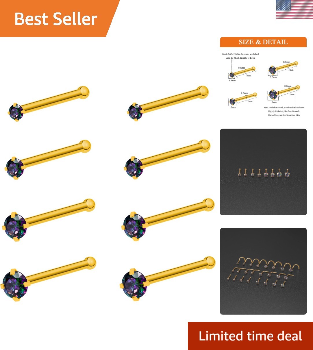 20G 18G Nose Rings Studs Stainless Steel Nose Rings for Women Men Round CZ No...