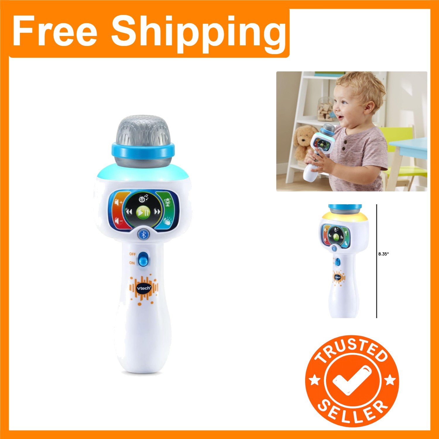 Compact Kids Karaoke Microphone - Bluetooth, Voice Effects & Color Lights, White