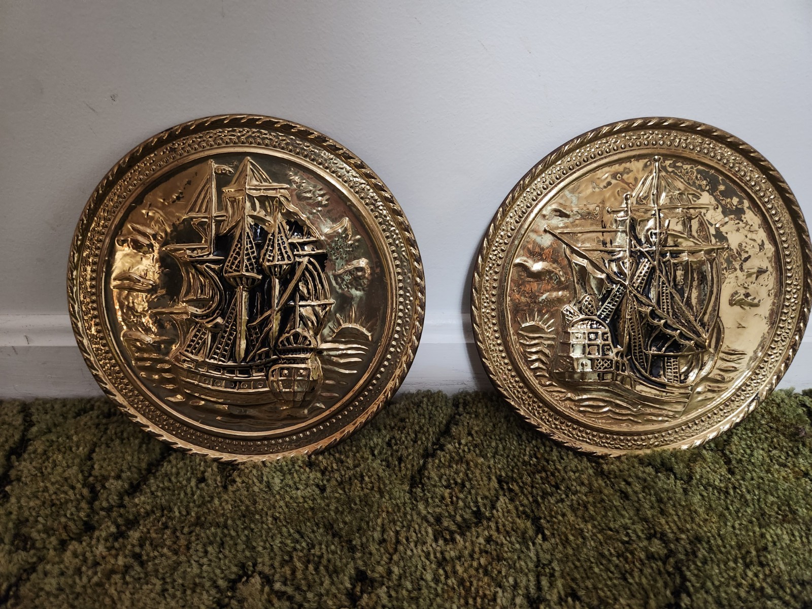 Pair Of Vintage Brass Embossed Nautical Plates 10” Made in England. Wall Hanging