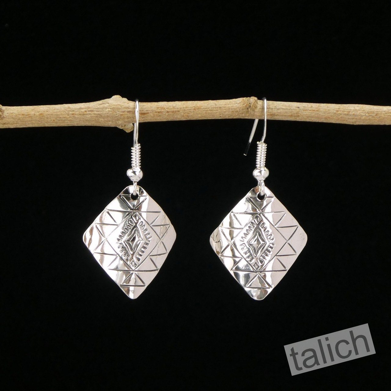 Native American Navajo Handmade Stamped Sterling Silver Curved Drop Earrings #4