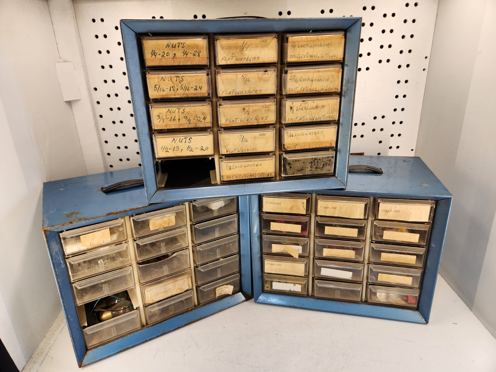 Vintage Electronics Parts & Hardware Lot with Vintage Metal Organizers.