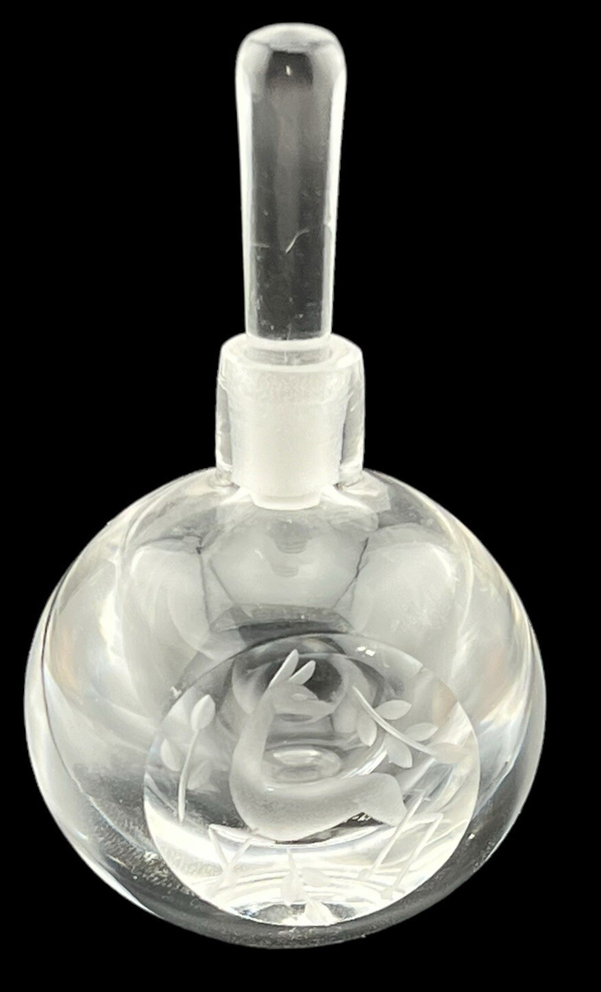 Vintage Orrefors Perfume Bottle Etched Crystal Deer & Leaves Sweden Signed 2.5”