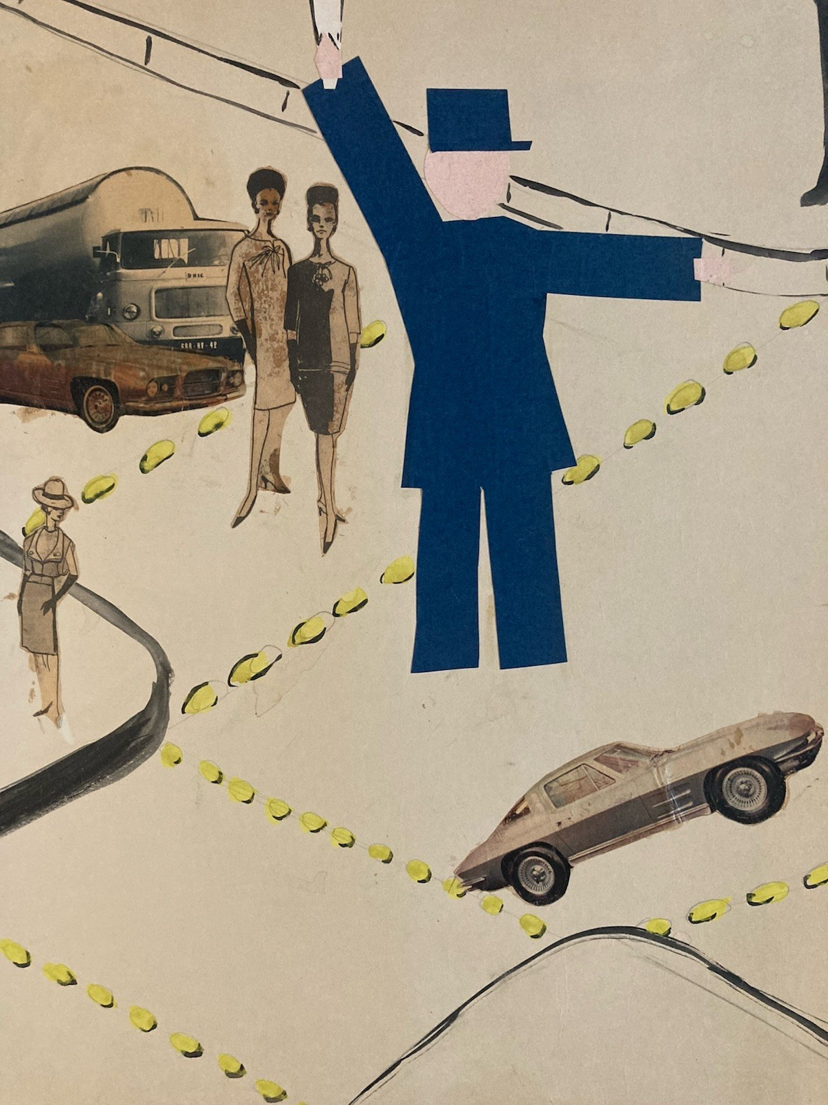 tres beau Art Collage 1950 policier voiture Police XXe Ancien Peinture Dessin