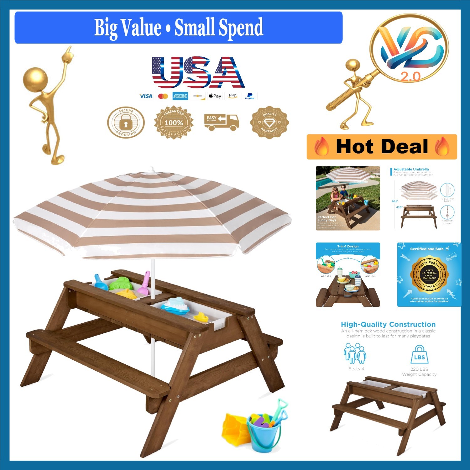 Kids 3-in-1 Sand Water Table Picnic Set with Umbrella Wood Outdoor Walnut Beige