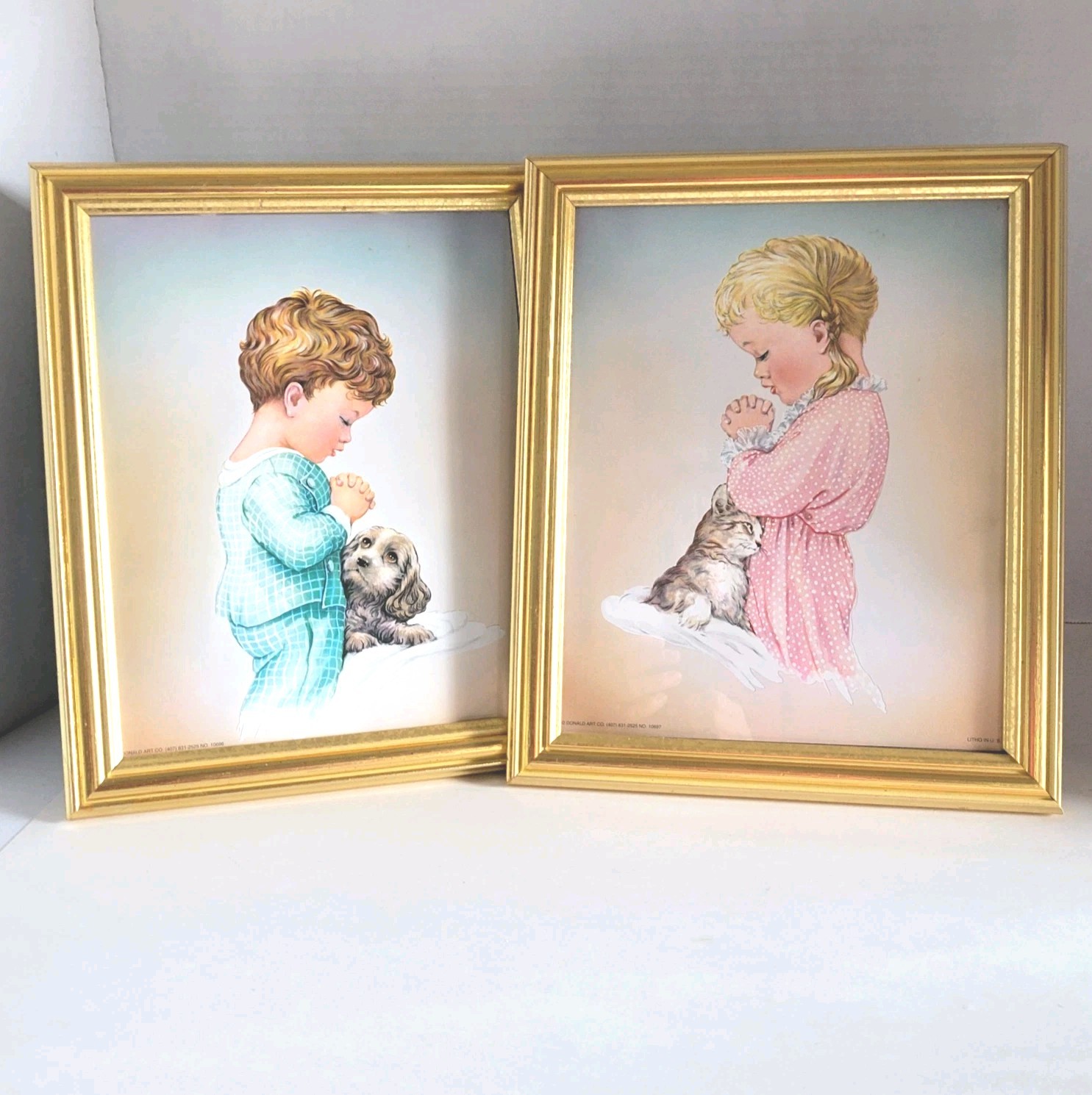 VTG 2 Donald Art Co. 10x8 Boy Girl Praying Lithograph Prints Nursery Baby Child