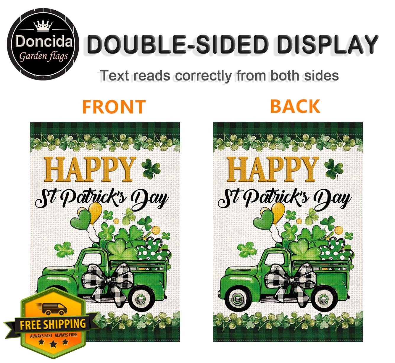 Doncida St Patricks Day Shamrocks Truck Garden Flag 12x18 Inch Double Sided, ...