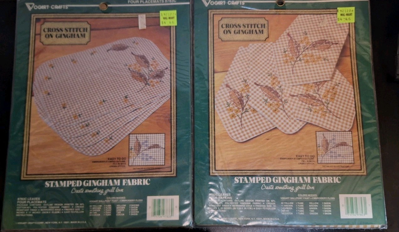 New Vtg Vogart Stamped Cross Stitch Gold Gingham 4 Placemats & 4 Napkins Leaves