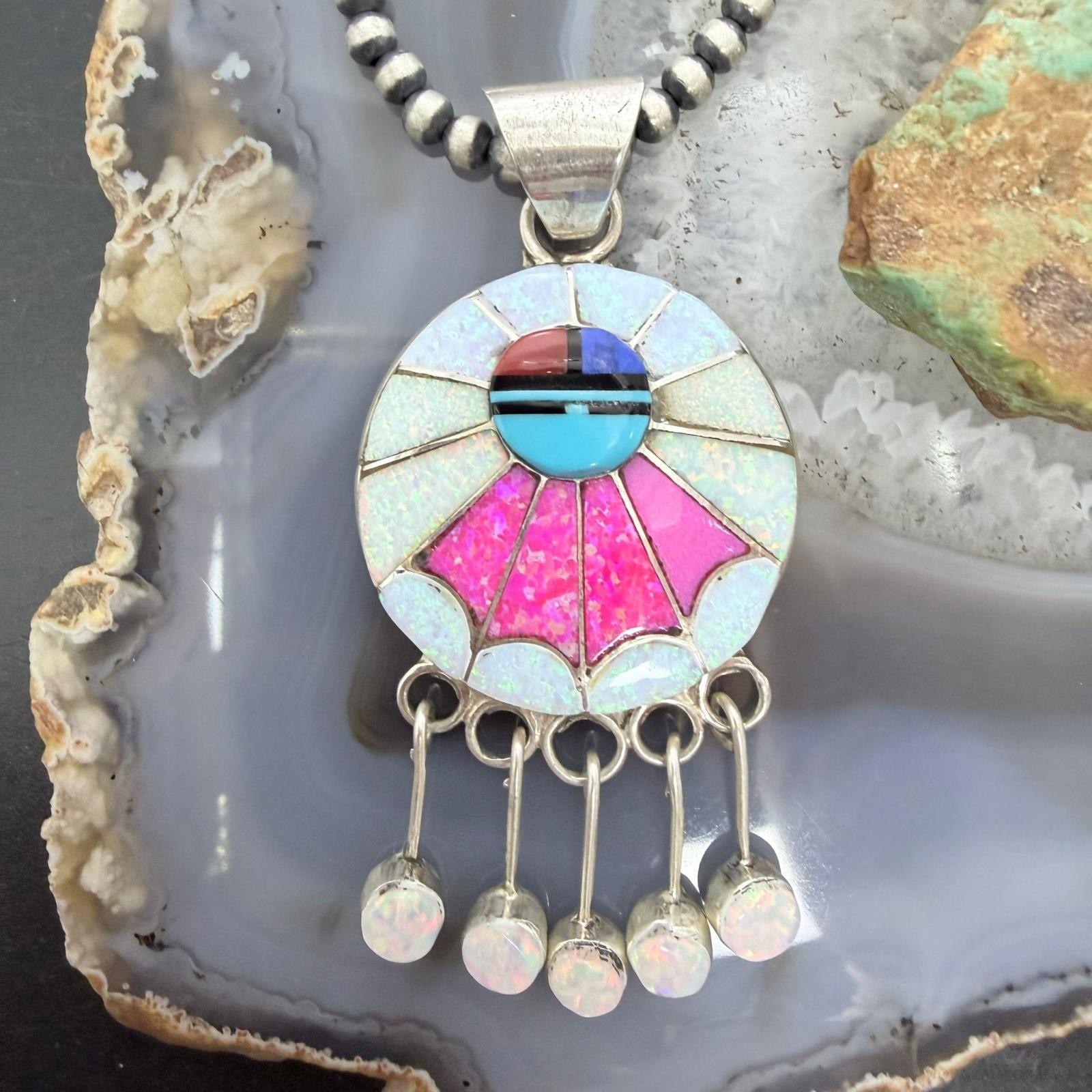 Amy Quandelacy Zuni Sterling Sunface Opal,Turquoise,Coral Decorated Pendant