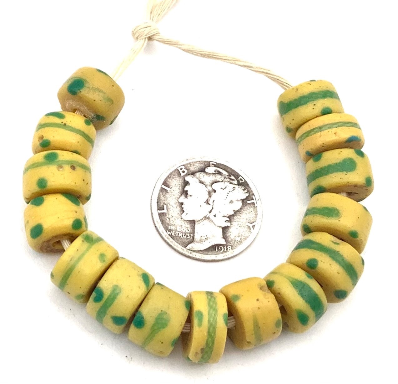 15 Venetian Antique Yellow and Green Wound African Glass Trade beads-#1723