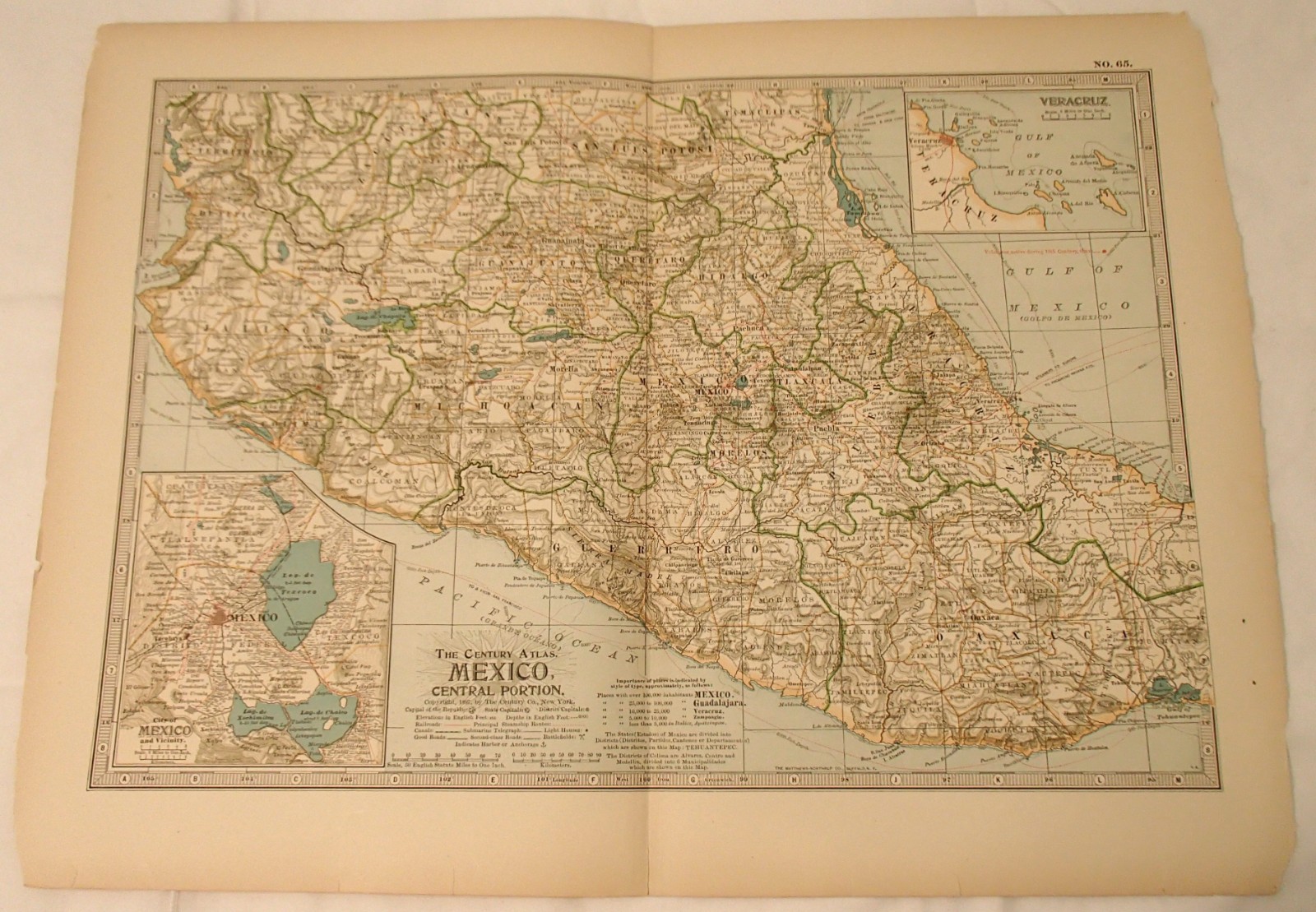 Mexico Map, Central Section 1897 Antique Original Century Atlas of the World
