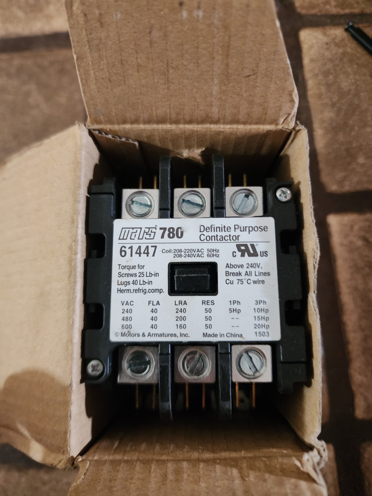 Mars 61447 Definite Purpose Contactor, Coil 208-220VAC 50Hz, 208-240VAC 60Hz NEW