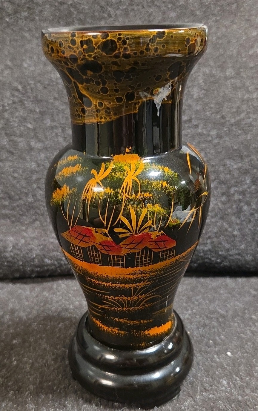 Vintage Vietnamese Black Lacquer Wooden Vase With Painted Village Scene. 