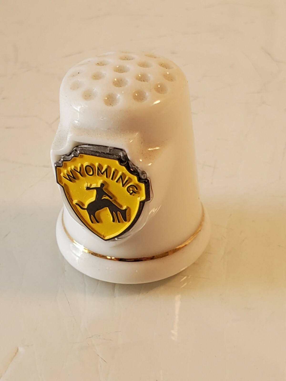 Vintage Wyoming Thimble Bronc Busting enameled beauty gold gilding mint shape x6