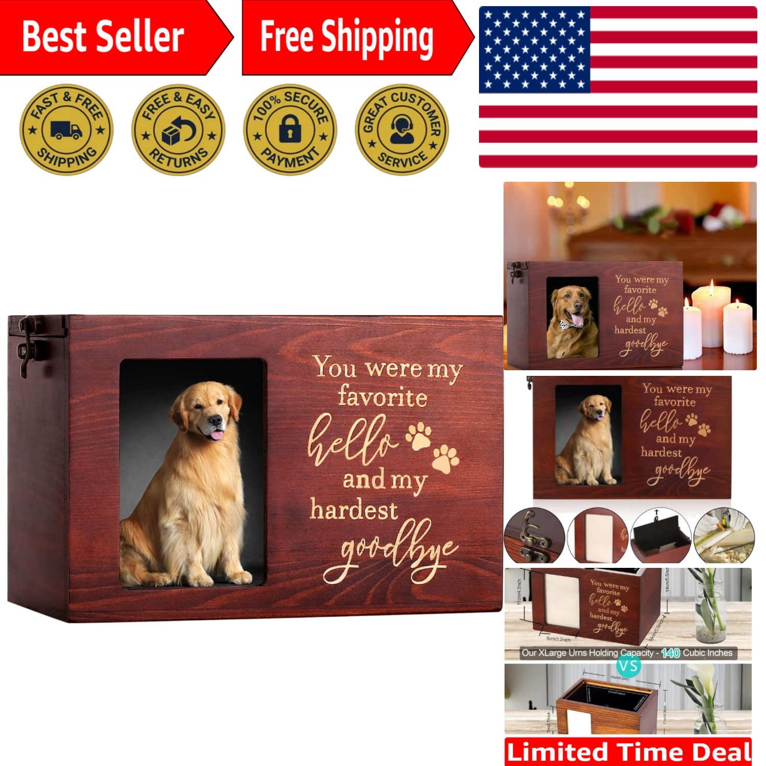 Large Wooden Pet Memorial Urns for Dog or Cat Ashes with Photo Frame, Nature ...