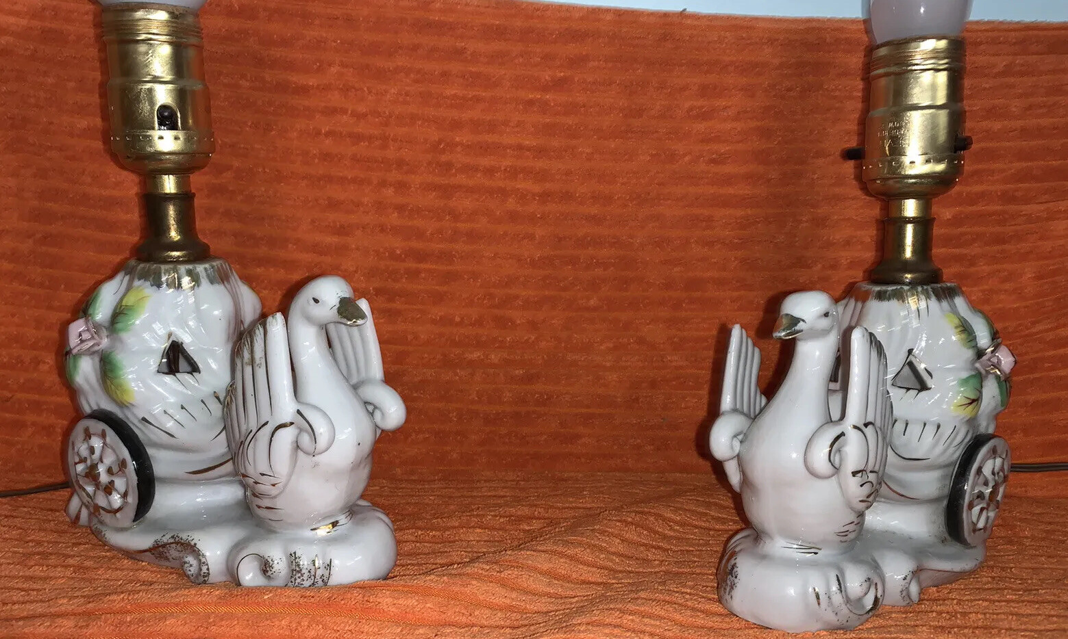 Royal Japan Swan & Carriage Floral Boudoir Vanity Lamps, porcelain Pair vintage